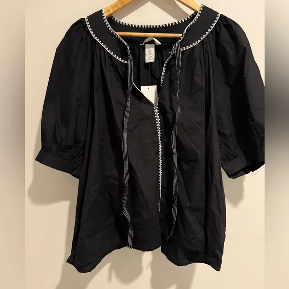 H&M NWT Black Embroidered Blouse Puff Sleeve Contrast Stitch Boho Statement Top - Picture 6 of 12